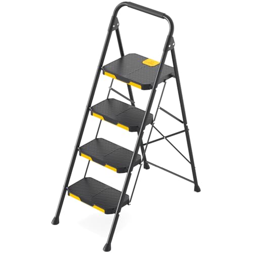 KINGRACK 4 Step Ladder, Sturdy Steel Step Stool with Safe-Lock Design, Handrail, Anti-Slip Wide Pedals, Pass 330lbs Load Testing, Folding Portable Ladder for Multi-Purpose, Home, Kitchen, Black by KINGRACK - Image 4