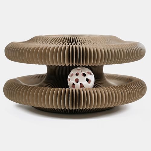 Magic Organ Cat Scratcher Cardboard, Interactive Scratch Cat Toy with Bell Ball, Foldable Scratching Board, Corrugated Cardboard Scratch Pad for Indoor Cats, Round(1PCS)