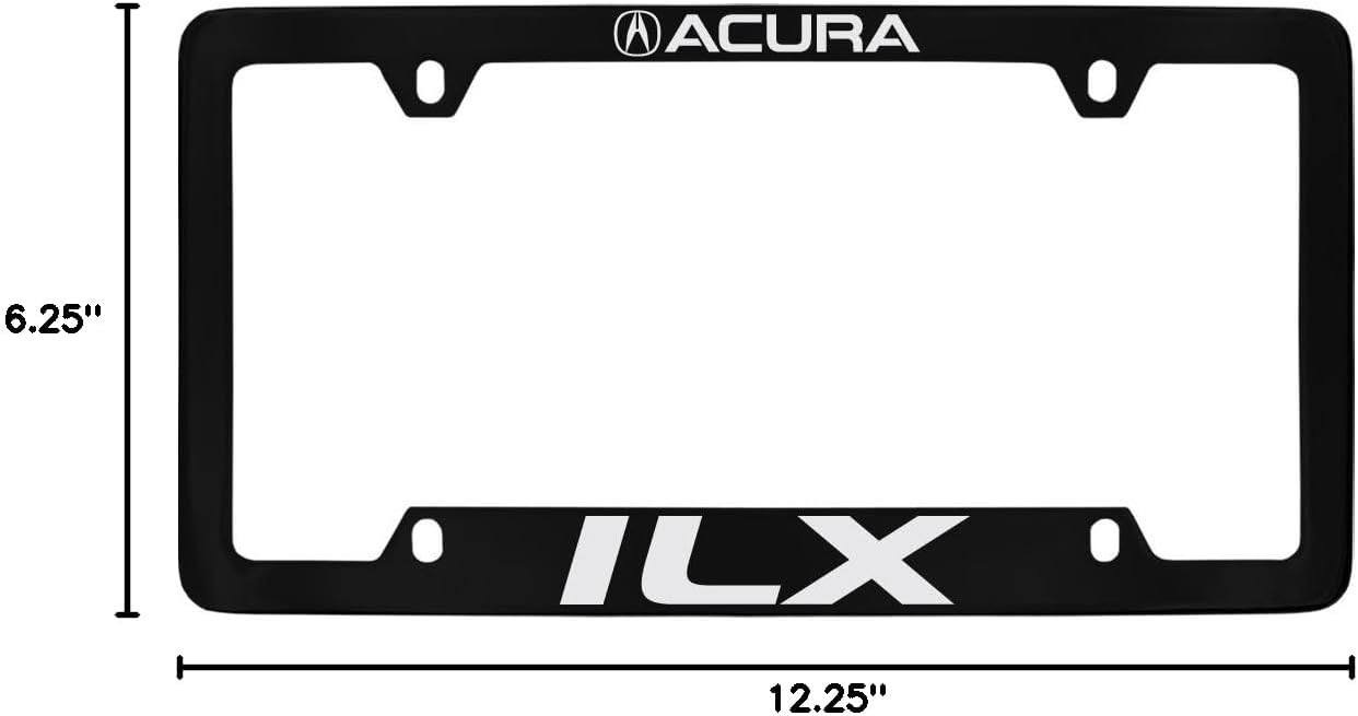 Acura ILX Black License Plate Frame. Silver Color Logo and Wordmark. 4-Hole Black Powder Coated Polished Zinc Metal for Harsh Weather. Standard US Size. Official Licensed Product.