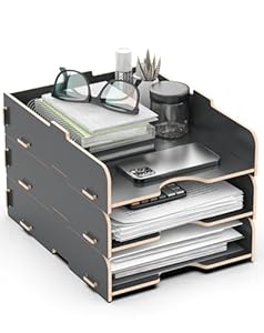 HORRAu Schreibtisch Briefablage Holz Stapelbar, Schwarz