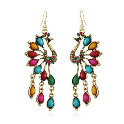 Vintage Bohemian Peacock Teardrop Tassel Dangle Drop Earrings for Women Sparkling Crystal Phoenix Bird Statement Earrings Jewelry