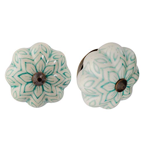 Nicola Spring Ceramic Cupboard Drawer Handle Knobs - Vintage Flower Design - Mint Green - Pack of 6