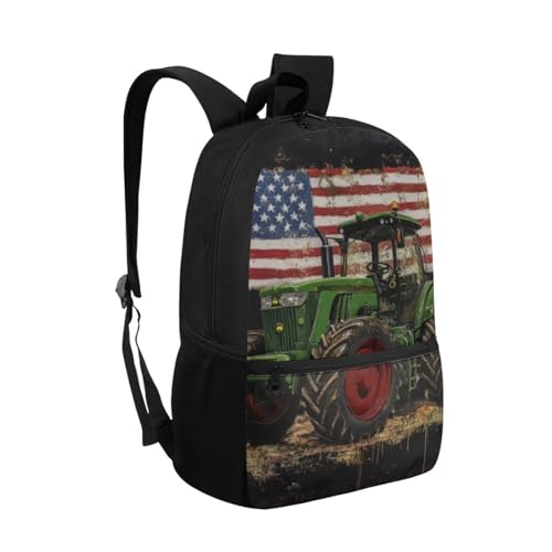 Green Tractor Backpack for Little Boys America Flag Print School Bag for Kids 17 Inch Polyester Bookbag with Front Zipper Pocket for Primary School2