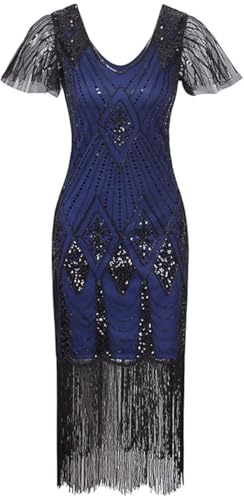 Image of 869A - Plus Size 1920s Vintage Fringed Gatsby Sequin Beaded Tassels Hem Flapper Party Prom Cocktail Dress with Accessories (Blue Black Diamond, 2X)