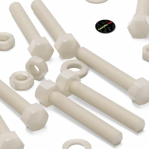 Image of 5X Natural Nylon PA66 Hex Head Plastic Bolts, Nuts & Washers, M16 x 100 mm, Fastener, (5 /8 x 3 15 /16 in)