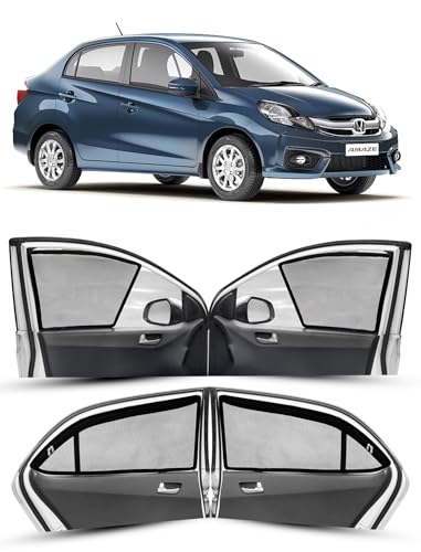 Image of Autofact Magnetic Car Sunshades Compatible with Honda Amaze Old (2011 to 2017) (Set of 4) - Easy Installation, UV Protection (Front 2 Half-Cut for Side Mirror Visibility, Rear 2 with Zippers)