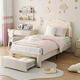 GAOMON Twin Bed Frame with Upholstered Adjustable Headboard & Smart LED, Velvet Princess Platform Bed for Girls/Kids, Wood Slats Support, Easy Assembly, No Box Spring Needed (Cream with Drawer)