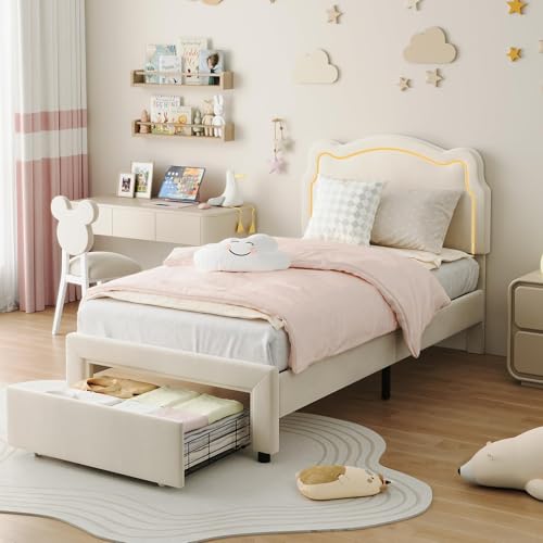 Image of GarveeHome Twin Upholstered Smart LED Bed Frame with Headboard, Velvet Princess Platform Bed Frame for Kids, Wooden Slats Support, No Box Spring Needed (Beige)