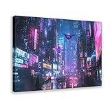 Cyberpunk Cityscape Wall Art – Neon Night Skyline & Futuristic Streets – Sci-Fi Glitch Aesthetic Poster Poster Print for Teen Boys Room Wall Art Canvas Painting Print 12x18inch(30x45cm)