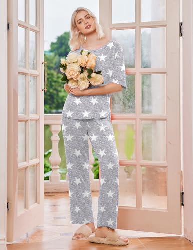 Image of Ekouaer 2 Pack Womens Pajamas Sets Short Sleeve Long Pants Pjs Lounge Set