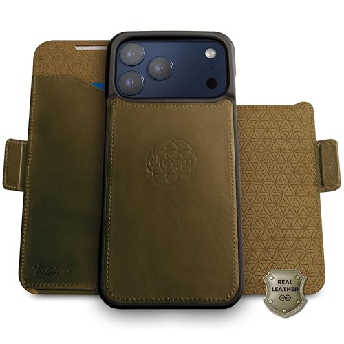 Funda de piel iPhone 17 Pro Fibonacci Olive con tapa magnética de diseño exclusivo Dreem