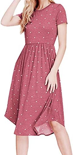 YUNDAI Women Short Sleeve Pleated Polka Dot Pocket Loose Swing Casual Midi Dress X-Small, Wine Red