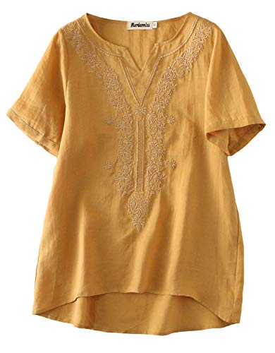Mordenmiss Women s Embroidered Blouse Tunic V-Neck Linen Tops Short Sleeve Hi-Low Hem Shirt for Petite (XL, Style 2-Yellow)