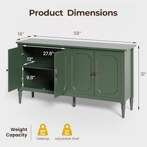 Image of FansaFurn Wood Buffet Sideboard and Media Credenza, Mid Century Modern Console Table with 4 Doors, Pantry Cabinet Accent Storage for Entryway, Living Room, Bedroom, Dining Room, Green1