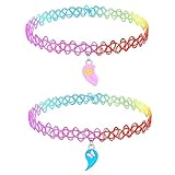 BodyJ4You Tattoo Choker Necklace - 90s Choker Necklace Women - 2000s Rainbow Choker Girls - Rainbow Hearts Friendship Love Charms Pendants - Colorful Stretchy Elastic Necklace Back to School