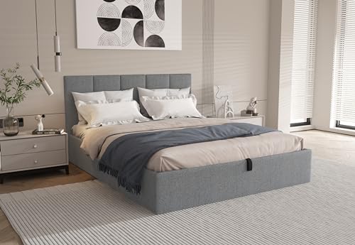 Lift Up Storage Bed Queen Size, Linen Upholstered Platform Bed Frames with Storage Underneath, Soft Modern Bed Frame Strong Hydraulic Lift, No Box Spring Needed, Grey