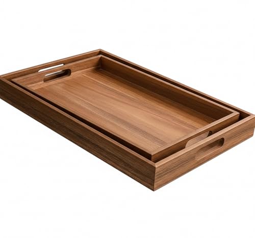 Image of Decor Square Shape Wooden Serving Tray, 2 Pcs Combo, Large-16 x 12 x 2 Inch, Medium-14 x 10 x 2 Inch