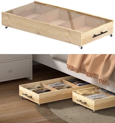 1 Pack Solid Wood Under Bed Storage Drawer with Lids, Wheels, Han...