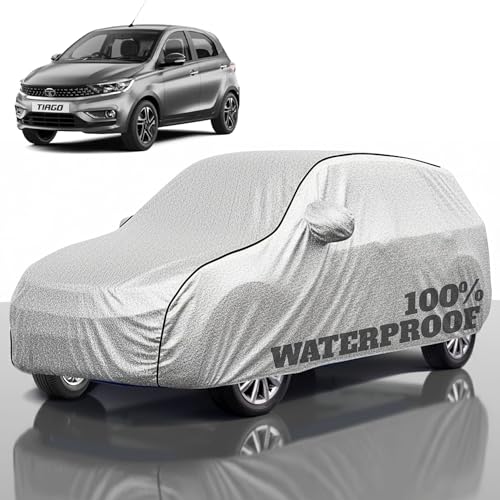Image of Premium Polyester Car Cover Tiago All-Weather Protection from Rain, Dust & Sun | UV Resistant Fabric | Full Body Secure Fit for Outdoor & Indoor Parking Silver