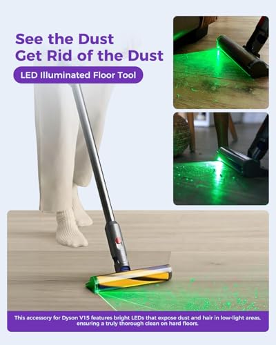 Image of V15 LED Fluffy Optic Cleaner Head for Dyson V15 V11 V10 V8 V7 Vacuum | Green Light Dust Detect, Soft Roller, Replacement Compatible, For Hardwood Floors