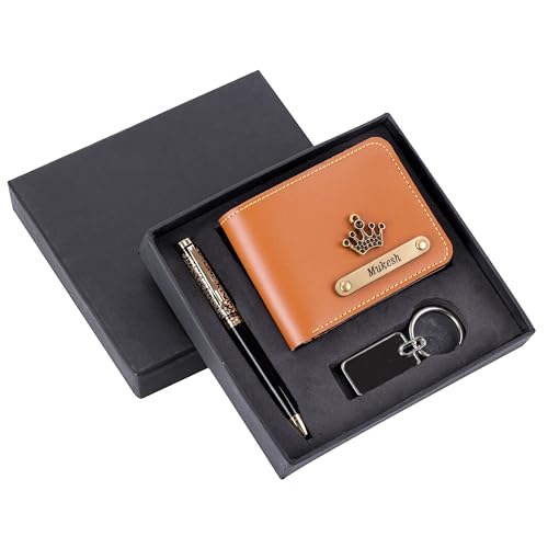 Image of Personalized Name Wallet, Pen & Keychain Combo for Men (TAN) | Customised Mens Wallet Name Engraved with Charm | Customized Corporate Gift Set for Office | Personalised for Husband, Boys