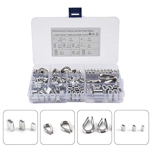 TEHAUX Conjunto de dedais de cabo de aço inoxidável 195 peças e kit sortido de alumínio para cabo de