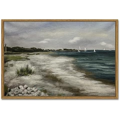 SHENIFY 16x24in Large Vintage Landscape Seascape Framed Canvas Wall Art Seaside Coastal Scenery Classic Hallway Bathroom Office Decor - Natural Framed Cover