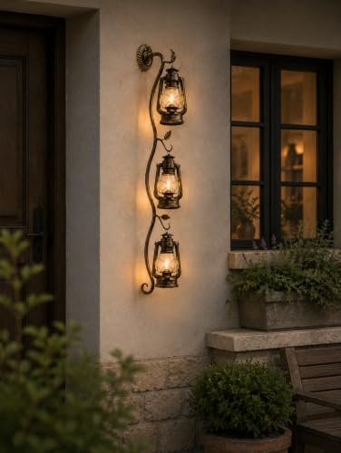 Image of Long Vintage Triple Lantern Wall Light | Antique Brass Decorative Wall Sconce | Rustic Hanging Lantern Wall Lamp | Cafe, Hotel, Farmhouse & Vintage Home Decor with Filament Bulb