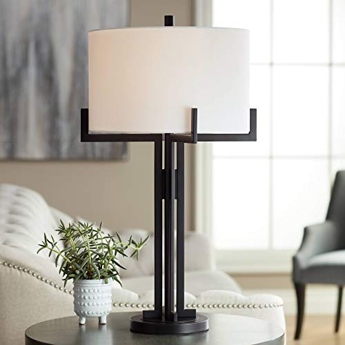 Franklin Iron Works Idira Modern Industrial Minimalist Style Table Lamp 31.5" Tall Black Metal White Drum Shade Decor for Living Room Bedroom House Bedside Nightstand Home Office Reading Entryway