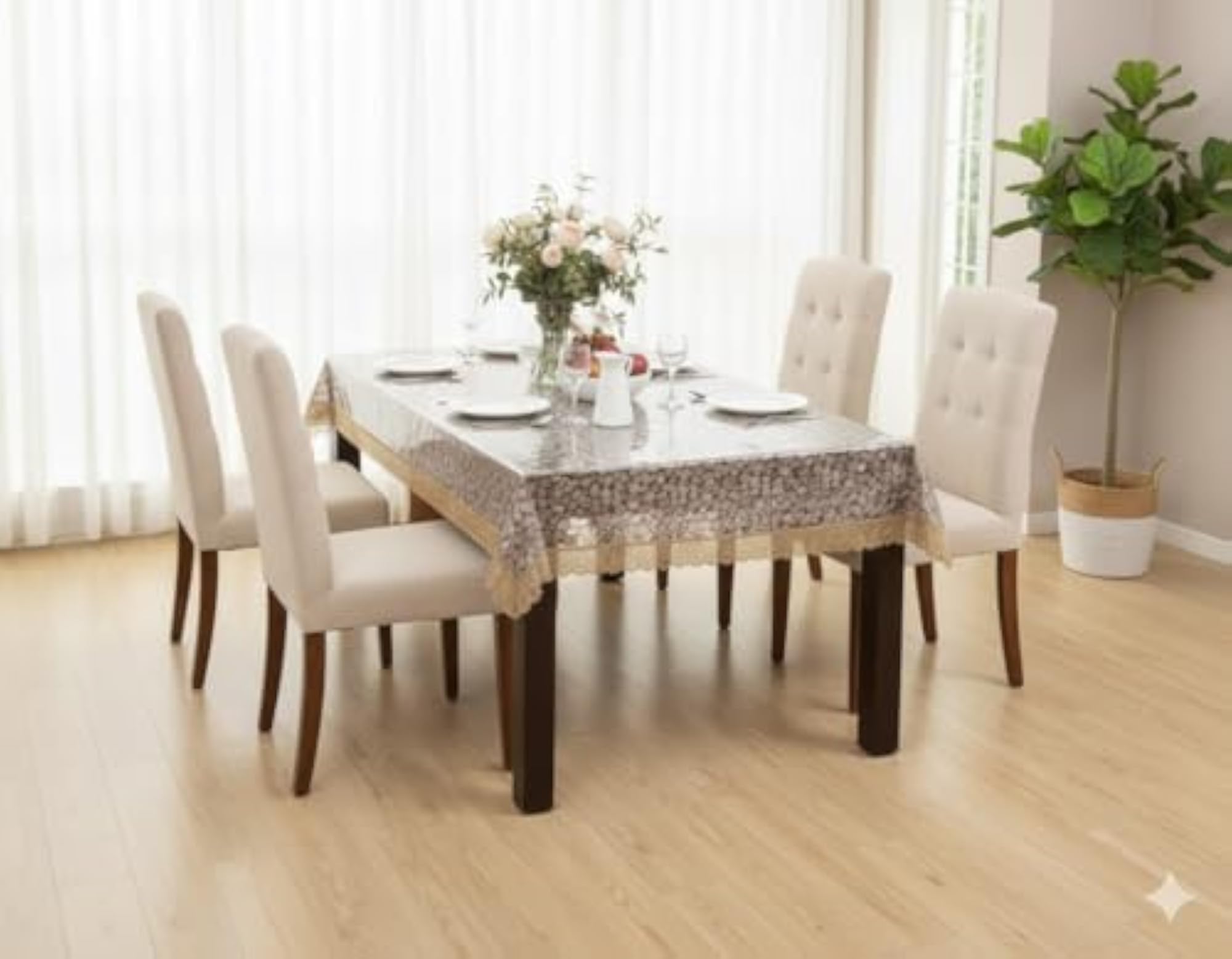 PVC 3D Bubble Transparent Rectangle Table Cover, Golden Lace