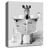 Funny Bathroom Pictures Wall Decor Humorous Zebra Sitting in Toilet Reading Newspaper Posters Painting Black and White Canvas Wall Art Modern Animal Photo Artwork Gray Bathroom Toilet Wall Decor 12x16