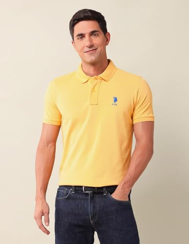 Image of U.S. Polo Assn. Men's Yellow Solid Polo Collar Half Sleeve Casual Cotton Slim Fit T-Shirt