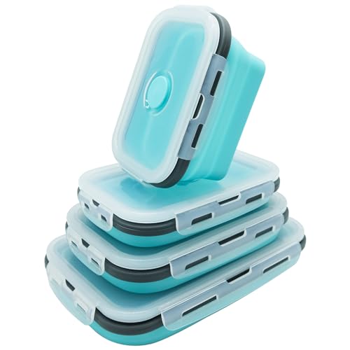 Lunememo Contenitori Pieghevoli Per Alimenti, Adatti al Congelatore e Alla Lavastoviglie, Contenitori per Pranzo in silicone, Adatto per Campeggio, Coperchio, 4 Pezzi, Blu