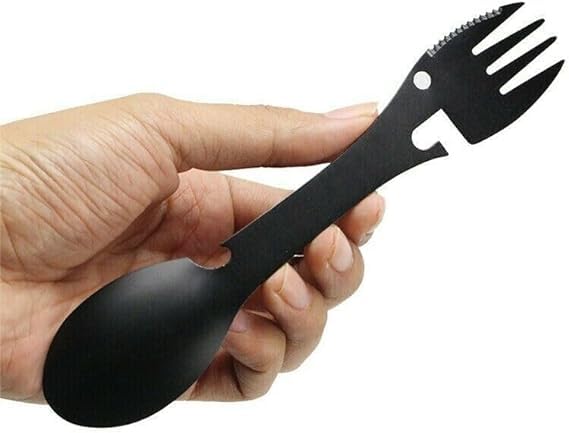 Travel Cutlery - Premium Spork Reusable- Portable Camping Cutlery Set Bottle Can Opener Outdoor Spoon Fork Eating Multi-Tool Utensil (Black)