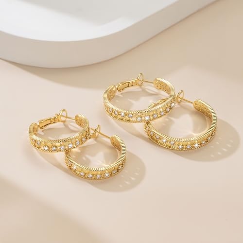 Gold Hoop Earrings for Women 14K Gold Earrings for Women with Cubic Zirconia Hollow-Carved Design Like a Fine Piece of Lace Womens Hoop Earring Trendy 25/30mm 5