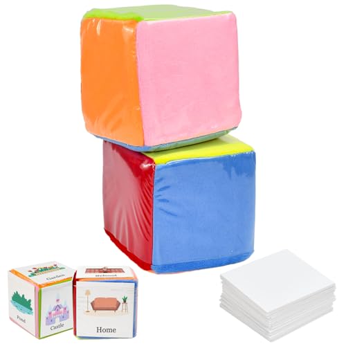 Zuxbolf 2 dados educativos grandes com 24 cartões de cartão em branco dados didáticos coloridos com bolsos dado personalizável para jogo de ioga palavras de vista educação pré-escolar