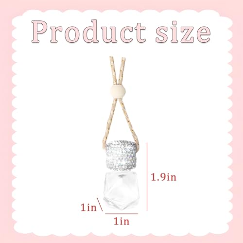 Image of Bling Car Hanging Bottle, 2PCS Crystal Rhinestone Empty Clear Vehicle Essential Diffuser Glass Pendant with Wooden String, Diamond Auto Interior Oil Vase Decor, Universal Fit (White)