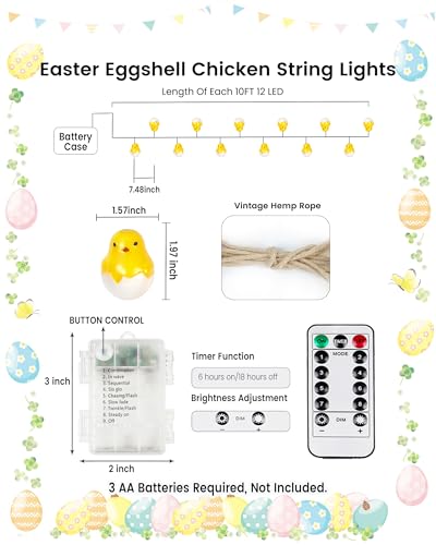 Image of Easter Decoration String Lights, 10 FT 12 LED Eggshell Chicken Mantel Garland Battery Operated with Remote Timer 8 Modes, Hemp Rope Banner for Fireplace Table Wall Spring Party Indoor Outdoor Decor