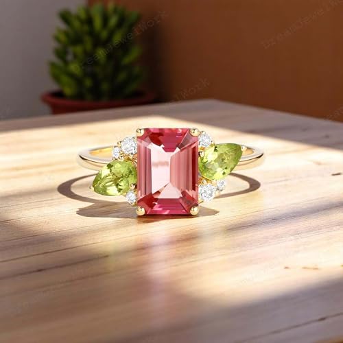 8X6MM Emerald Shape Pink Tourmaline Bridal Wedding Engagement Ring 18K Solid Yellow Gold Peridot And Diamond Women Cluster Jewelry Family Birthstone Birthday Gift For Wife3
