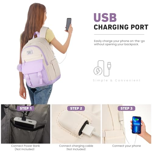 Image of WINDARS School Backpack for Teen Girls, Cute College Backpacks for Women Students Aesthetic Bookbag Large 15.6 Inch Laptop Bag Middle School Travel Back Pack (Purple Beige)