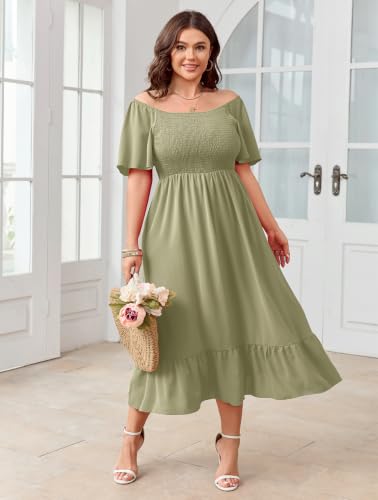 Image of SCOMCHIC Women's Plus Size Summer Dress Casual Short Sleeve Scoop Neck Maxi Dress Smocked Ruffle Boho Flowy Long Dresses