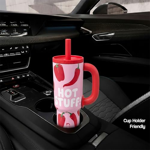 Image of House of Quirk 1200ml Stainless Steel Tumbler with Handle, Straw & Straw Cap | Leakproof Water Bottle | Large Capacity Travel Mug (Hot Stuff)