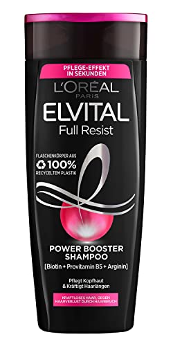 L'Oréal Paris Champú contra la caída del cabello por rotura, para cabello quebradizo, con biotina, provitamina B5 y arginina, Elvital Full Resist Power Booster, 1 x 300 ml