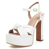 Latasa Women's White Platform Heels High Chunky Block Heels Ankle Strap Open Toe Heeled Sandals (8, White)