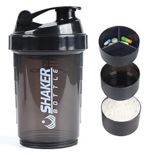 Protein Shaker Bottle,Sports Water Bottle,Leak Proof Shake Bottle For Protein Mixer- Non Slip 3 Layer Twist Off 3oz Cups with Pill Tray – Protein Powder 16 oz Shake Cup with Storage,Black