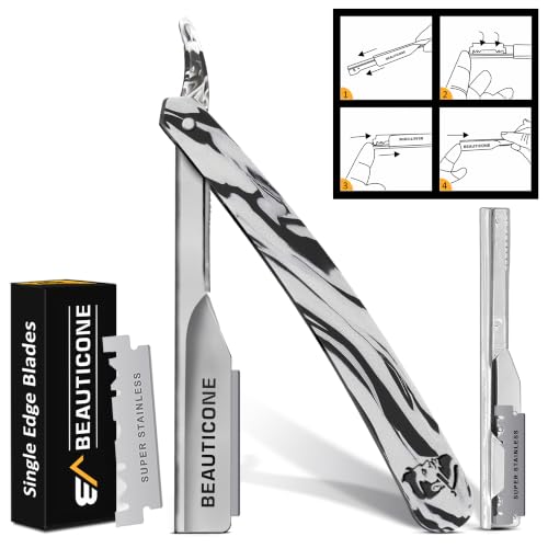 BEAUTICONE® Straight Razors for Men – Professional Barber Straight Edge Razor Kit with Replaceable Single Edge Blades - Navajas Para Barbero - Pouch Gift Box (Marble (Mirror Finish))