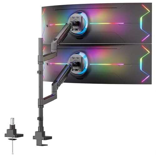 Mount-It! Dual Ultrawide Monitor Desk Mount for 17–49” Screens, Height-Adjustable Stacking Arms with Pole, Heavy Duty Gas Spring, Full Motion, VESA 75/100, Clamp or Grommet