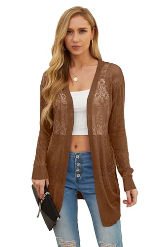 Image of GRECERELLE Lightweight Cardigan Sweaters for Women Crochet Knit Open Front Long Sleeve Loose Casual Boho Summer Beach Coverup