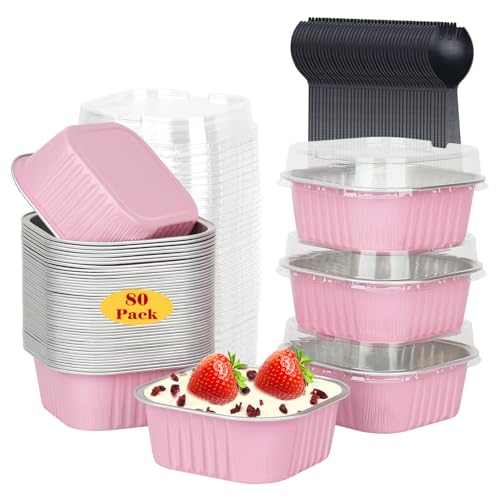 5oz/80pack Mini Cake Tins Cupcake Pan with Lids,LNYZQUS Aluminum Foil Baking Cups,Disposable Ramekins Small Brownie Muffin Pans Mini Cheesecake Containers for Home Bakery-Pink