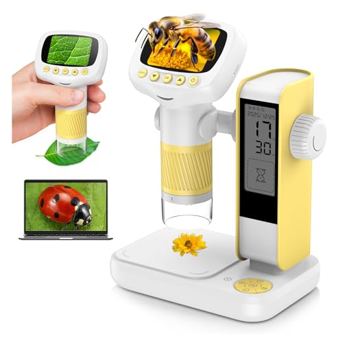 HUTACT Microscopio Digitale Portatile per Bambini: 50-1000X Microscopio Tascabile con 2.0'' Schermo IPS, Supporto, Sveglia, Fotocamera/Registrazione - Regalo per Scuola e Bambini 6+